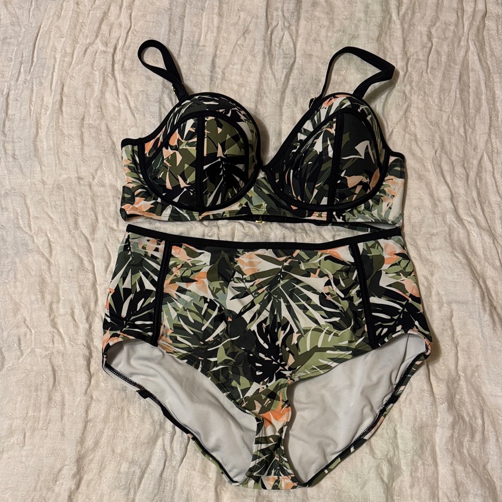 Swimsuits For All Green Palm Print High-Waist Bikini